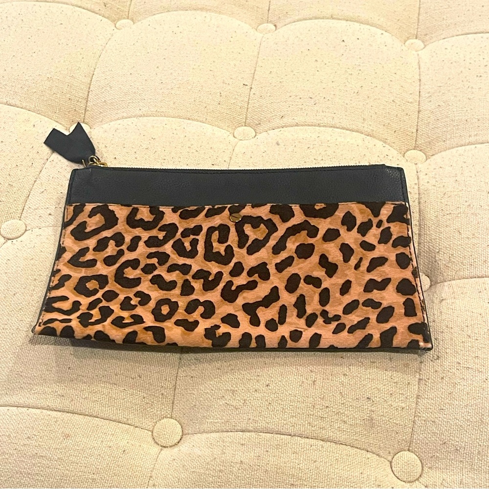 Jcrew women’s leopard faux hair and black leather clutch with zipper